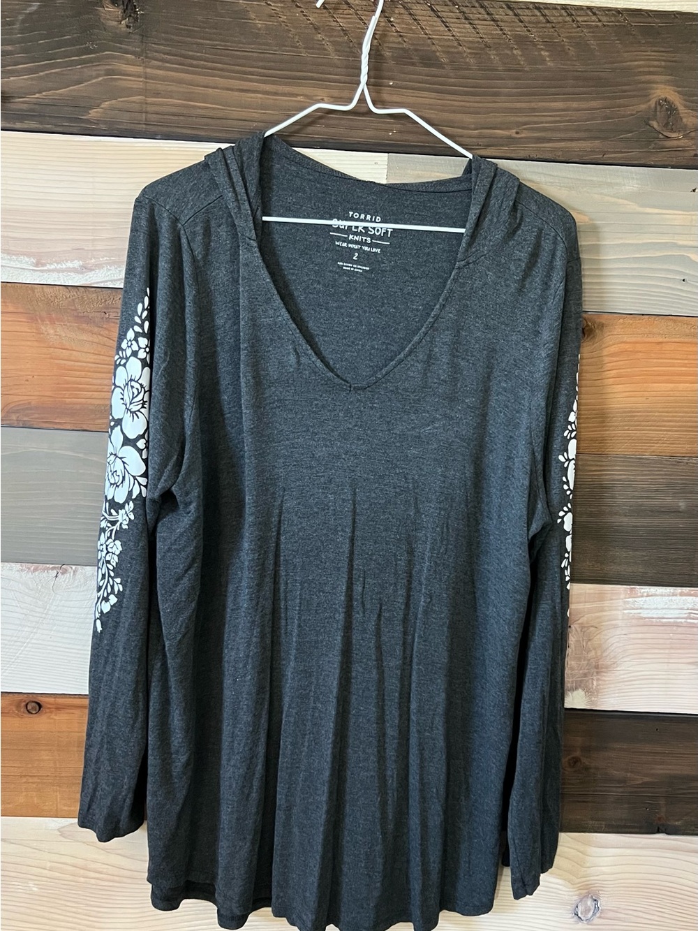 torrid Dark Gray V-Neck Hoodie with White Floral Sleeves